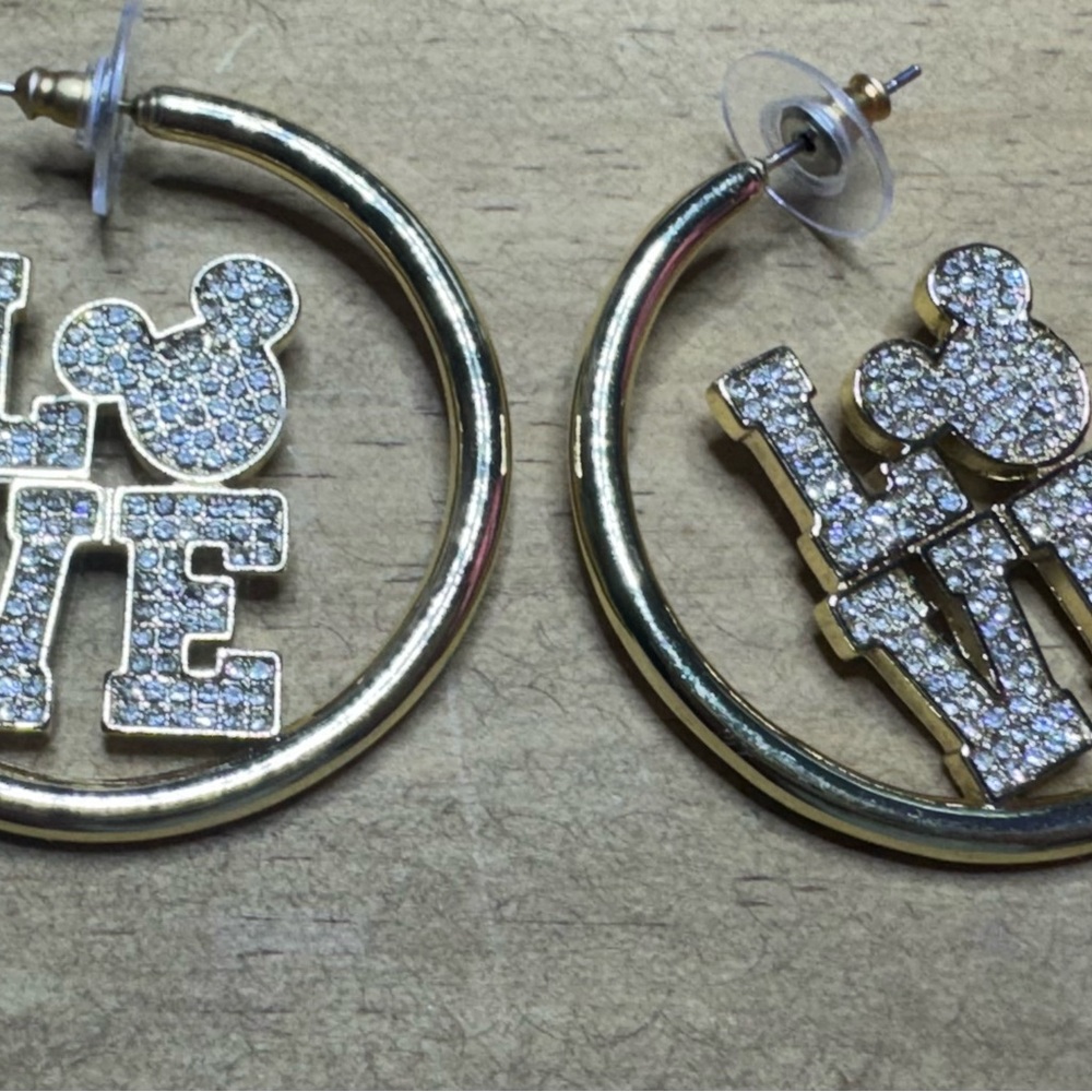 Gold Hoop Earrings with LOVE and Mickey Design
